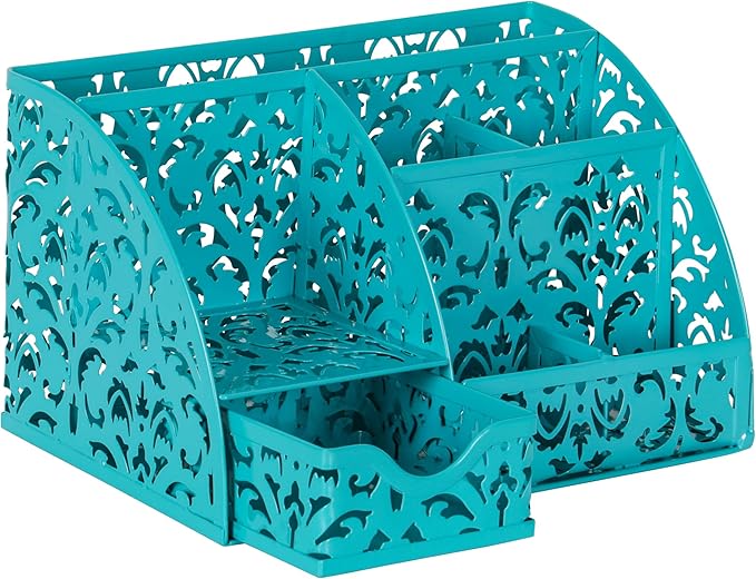 EasyPAG Pen Holder Desk Organizer with Drawer Pencil Cup for Desk 6 Compartments Metal Office Caddy Storage with Sticky Notes Holder for School Home Office, Dark Teal