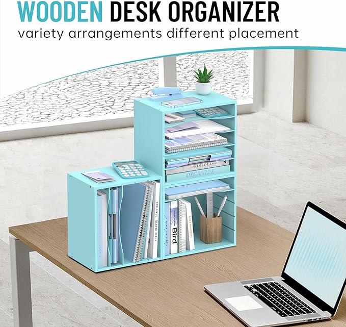 5-Tier Wood Desk Organizer, Paper Tray Organizer for Desk with Adjustable Storage Shelves, Desktop Paper Sorter Mail Holder for Office Home Classroom, Blue