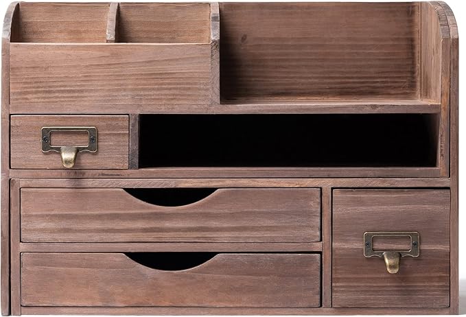 Executive Office Solutions Adjustable Wooden Desk Organizer For Desktop, Tabletop, Office or Counter – Wood Storage Shelf Rack For Office Supplies, Desk Accessories, or Mail – Brown