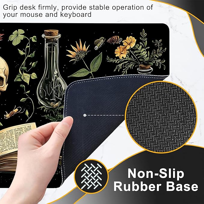 Gaming Mouse Pad, Dark Academy Green Plant Skull Large Desk Mat for Keyboard and Mouse,Non-Slip Rubber Base and Stitched Edges Desk Pad for Home Office 35.4x15.7in