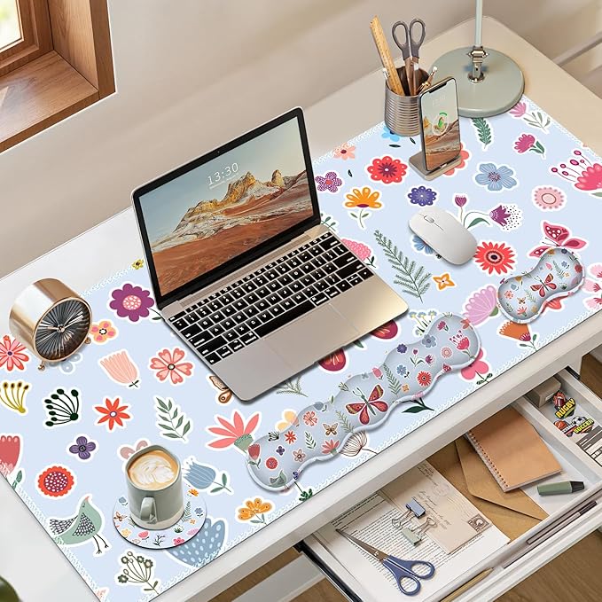 Desk Mat Gaming Mouse Pad, Cute Desk Matt Keyboard Wrist Rest for Desktop, Anti-Slip Big Mousepad Stitched Edges, XXL Large Mouse Pad with Wrist Support for Home Office I Butterfly & Flower