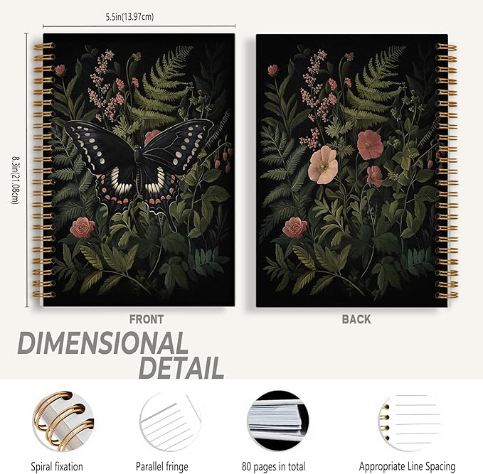 Dark Botanical Black Butterfly Notebook, Moody Floral Moth Journal for Women, Dark Academia Cottagecore Journal for Writing, Cottagecore Butterfly Spiral Notebook 5.5x8.3 Inch