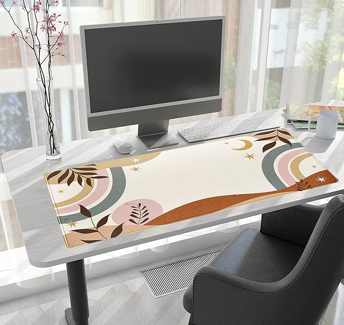 Boho Desk Mat, Abstract Retro Plant Large Mouse Pad, XXL Gaming Large Mousepad 31.5x15.7 in, Brown Grey Boho Aesthetic Desk Pad for Women Office Decor Laptop Keyboard Mouse Mat