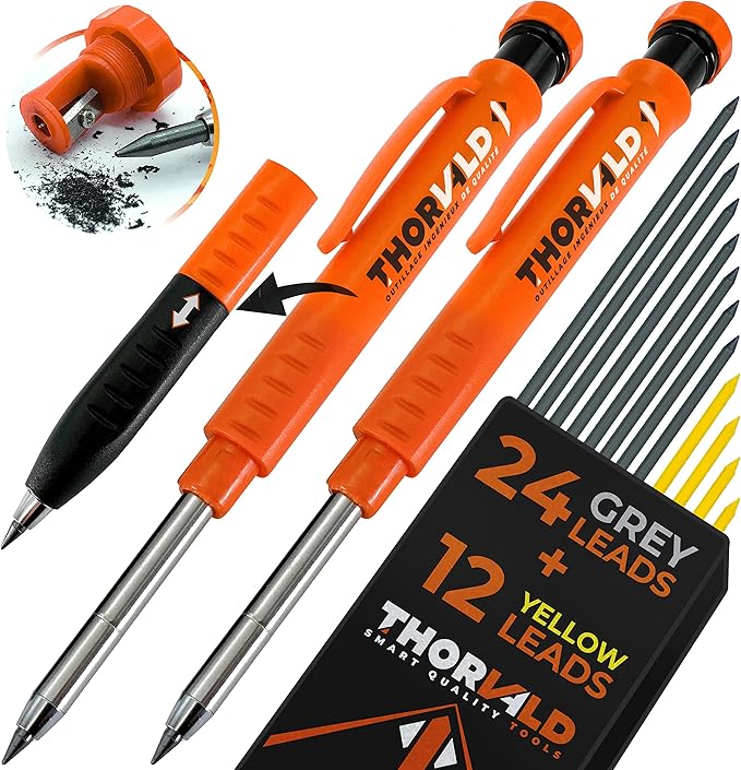 THORVALD 2 Carpenter Pencils Set for Construction - Incl. 38 Leads + Sharpener + Finger Grip - Solid Mechanical Pencils with Fine Point/Best Marking tools Construction/Carpenters/Scriber