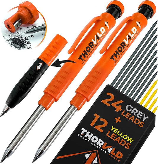 THORVALD 2 Carpenter Pencils Set for Construction - Incl. 38 Leads + Sharpener + Finger Grip - Solid Mechanical Pencils with Fine Point/Best Marking tools Construction/Carpenters/Scriber