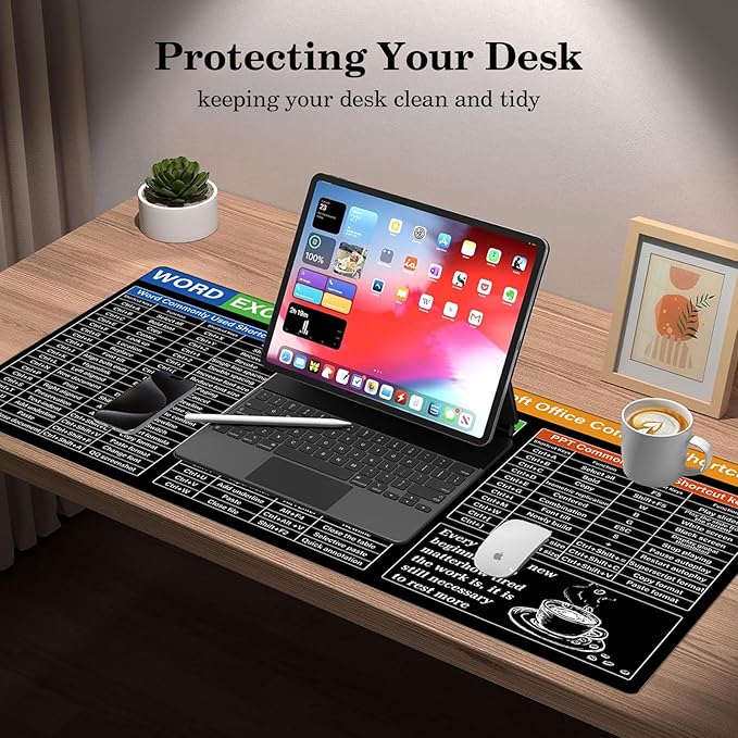 Microsoft Office Shortcuts Desk Pad Protector, Stitched Edges Mouse Pad, Large Office Desk Mat, Non-Slip Desk Blotter, Laptop Desk Pad, Desk Writing Pad for Office and Home (31.5" x 15.7 ")