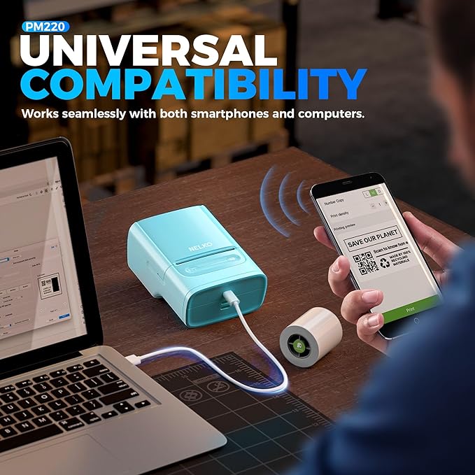 Nelko PM220 Bluetooth Label Maker Machine with Tape, 2 Inch Portable Thermal Printer for Small Business, Address, Logo, Clothing, Sticker Printer for Phones & PC, Cyan