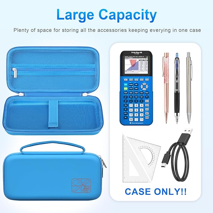BOVKE Hard Travel Case for Texas Instruments TI-84 Plus CE/TI-84 Plus/TI-83 Plus CE/TI-83 Plus/Casio fx-9750GIII Graphing Calculator, Mesh Pocket for USB Cables, Manual, Pens, Accessories, Blue