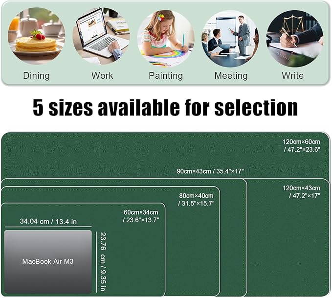 BLESWIN Large Desk Pad Mat 47.2"" x 17"", Office Desk Mat, Non-Slip PU Leather & Cork Desk Blotter for Keyboard and Mouse, Large Desk Mat, Large Mouse Pad for Office & Home(Dark Green)