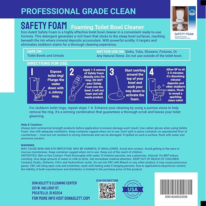 Don Aslett Johnny Mop & Safety Foam Toilet Bowl Cleaner (Two 32 Oz Bottles) Set | Acidic Detergent and Deodorizer | 14" Handle to Easily Clean Toilet or Shower | Scratch Free Bowl Swab
