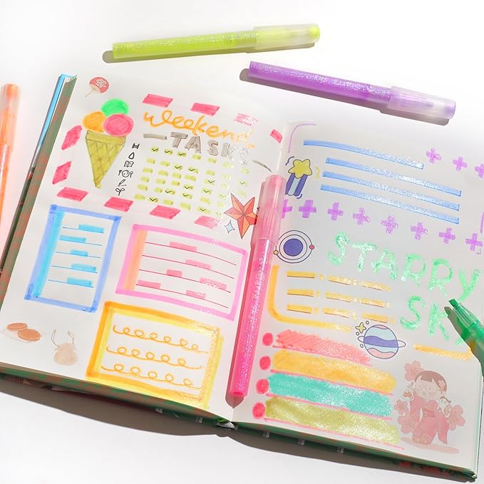 Glitter Highlighter Markers 6 Pack Set B, Chisel Tip Sparkle Highlighters Assorted Colors Pastel Glitter Highlighters Pens for Children Students Adults Journaling Coloring