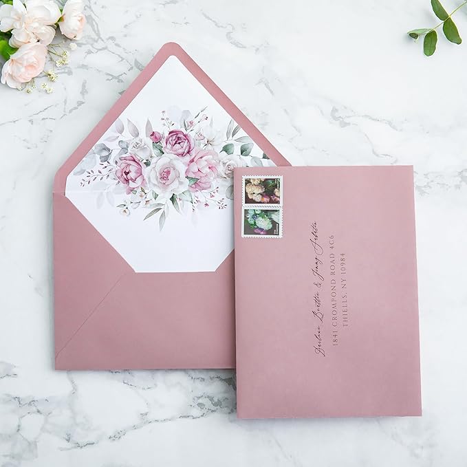PONATIA 50PCS A7 Euro Flap Envelopes, 5.25 x 7.25'' Liner Envelope For 5x7'' Weddings Invitation Cards, Christmas Gift Cards, Acrylic Invitations, Photos (Dusty Rose)