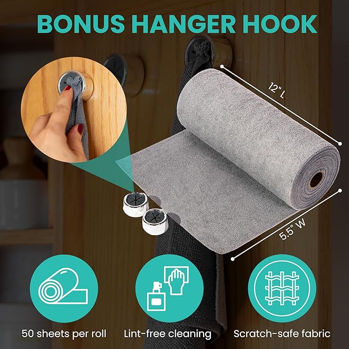 Microfiber Cleaning Cloth Roll, Reusable Tear Away Towels, Ultra Absorbent Dish Rags for Car, Home, Garage (Grey with Hanging Hooks)