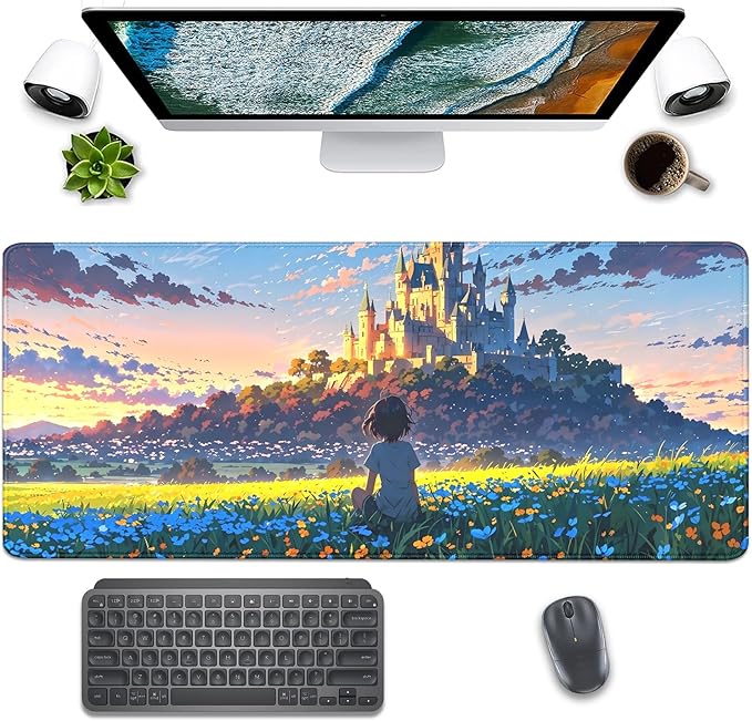Cartoon Cute Fantasy Castle Sky Flowers Children Extended Desk Pad Mouse Pad,Stitched Edges Non-Slip Rubber Base XL Mouse Mat Desk Mat for Office Home Work Mousepad(27.5X11.8 Inch)