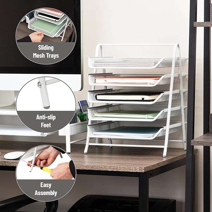 Mind Reader 5-Tier Paper Tray Organizer, Vertical Desktop File Storage Rack, Office, Metal Mesh, White