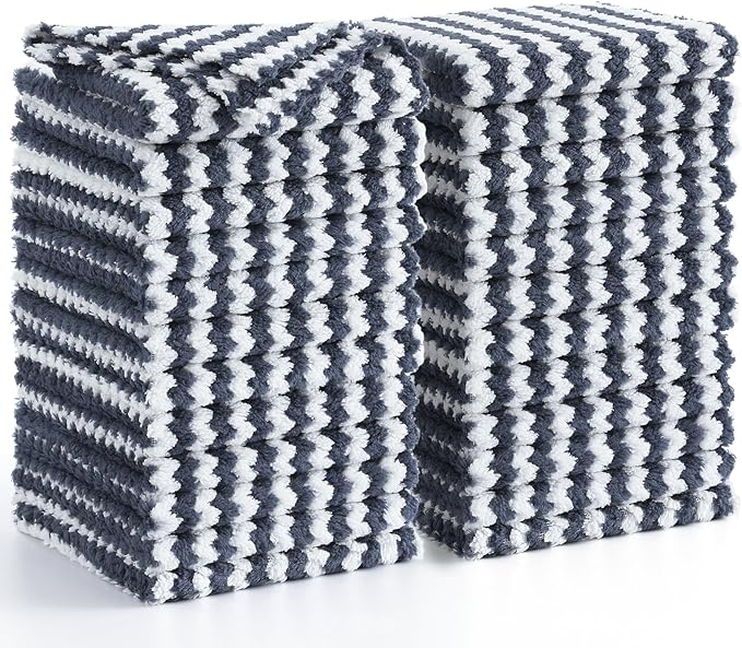 Homaxy 24 Pack Kitchen Dish Cloths, Ultra Soft and Absorbent Dish Towels, Reusable Fast Drying Microfiber Cleaning Cloth, Coral Velvet Wave Design No-lint, 10 x 10 inches, Dark Grey