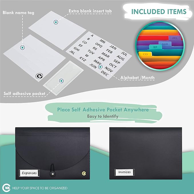 CNK File Folders Organizer with 13 Pockets Accordion Expanding Folder For Documents Receipt Document Paper Pocket Filing Products Accordian Important expandable holder files alphabetical Labels Letter