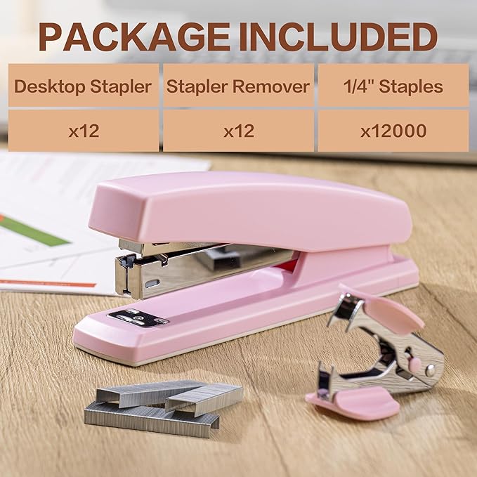 Deli Stapler, 12 Pack Staplers with 12000 Staples and 12 Staple Removers, Staplers for Desk, 25 Sheet Capacity, Pink
