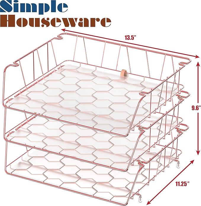 SimpleHouseware Stackable Wide Entry Desk File Document Letter Tray with Liner, Wire Grid, 3 Packs, Rose Gold