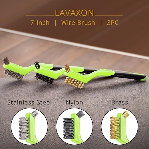 Lavaxon Wire Brush Set 3Pcs - Nylon/Brass/Stainless Steel Bristles with Curved Handle Grip for Rust, Dirt & Paint Scrubbing with Deep Cleaning – 7 Inches (Green)