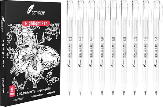 White Gel Pens - Fine, Medium & Bold Tip Ink Pens for Journaling, Art, or Drawing- For Holiday Gifts & DIY Projects - White Ink, Archival Ink Pens -0.6/0.8/1.0 Assorted Tip Sizes -9 Pack