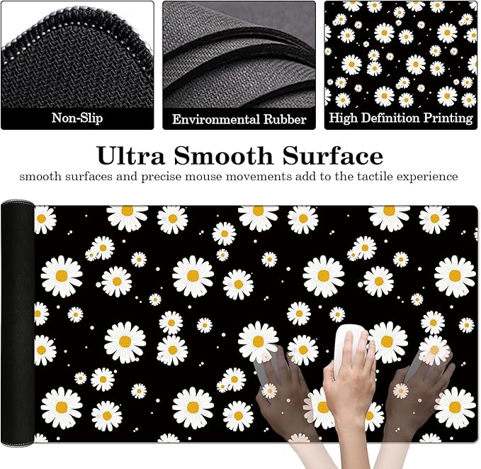 White Daisy Daisy Pad Protector, Stitched Edges Mouse Pad, Large Office Mat, Non-Slip Desk Blotter, Laptop Desk Pad, Flower Writing Pad for Office and Home (31.5" x 15.7")