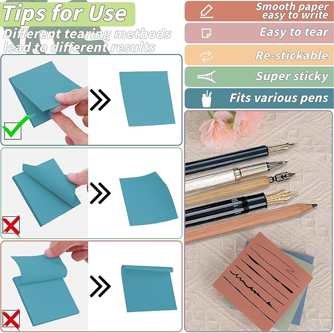 Vintage Sticky Notes 3x3 12 Retro Colors Posted Note 60 Pads Adhesive Paper Memo Pads 56 Sheets/Pad Self-Stick Note Bulk Easy to Stick for Back to School Teacher Student, Office Supplies