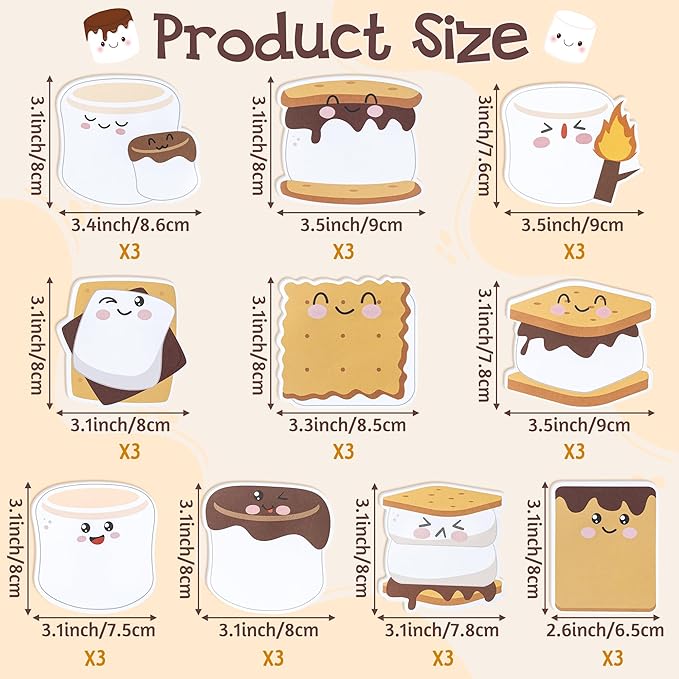 CJiangpo 30Pcs Marshmallow Sticky Notes Pads, 600 Sheets Cute Self Stick Notepad Memo Pads Funny Cartoon Page Marker Classroom Rewards Camping Themed Gift