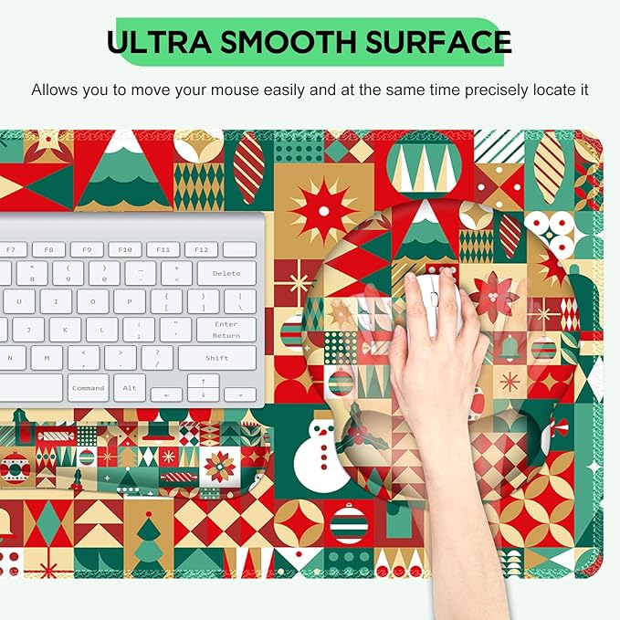 AIMSA Keyboard Mouse Pad Wrist Rest Set, Large Gaming Mouse Desk Pad with Wrist Support Ergonomic Design, 4 in 1 Mousepad for Home Office, Snowman Bell Christmas