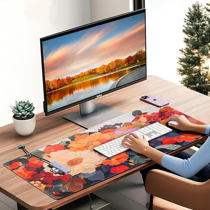 Desk Pad, Floral Desk mat, XXL Gaming Mouse pad, Mouse pad with Stitched Edges and Rubber Base,Large Mouse mat for Computer, Suitable for Home, Gaming and Office Keyboard Mouse Pads，Blooming Flowers