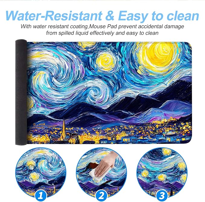 Vincent Van Gogh Starry Night Inspired Mouse Pad – Thicker 31.5" x 11.8" Extended Desk Mat with Dreamy Galaxy and Village Nightscape, Non-Slip Base & Smooth Surface for Office & Gaming