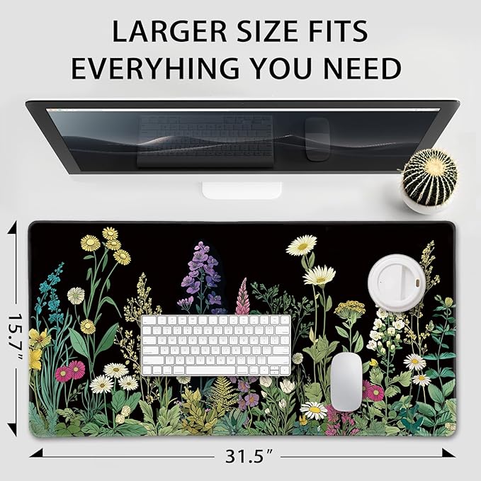 Wildflower Black Large Gaming Mouse Pad 31.5"x15.7"｜ XXL Desk Mat, Non-Slip Rubber Base & Stitched Edges - Extended Waterproof Mousepad for PC/Laptop/Office/Home Decor