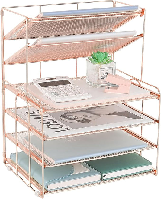 Desk Organizers and Accessories, 6-Tier Letter Tray Paper Organizer, Desktop File Organizer, Office Desk Accessories for Office Supplies (Rose Gold)