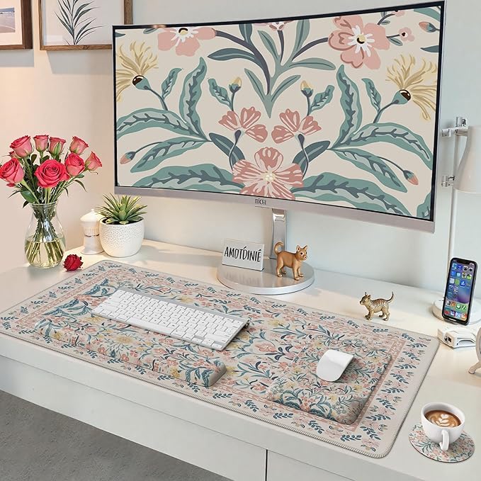 iCasso Mouse Pad with Wrist Rest,Large Desk Mat Set,Ergonomic Keyboard Pad with Wrist Support,Non-Slip Mouse Mat for Women,Cute Floral Computer Mat for Home Office Gaming (Pink Floral)