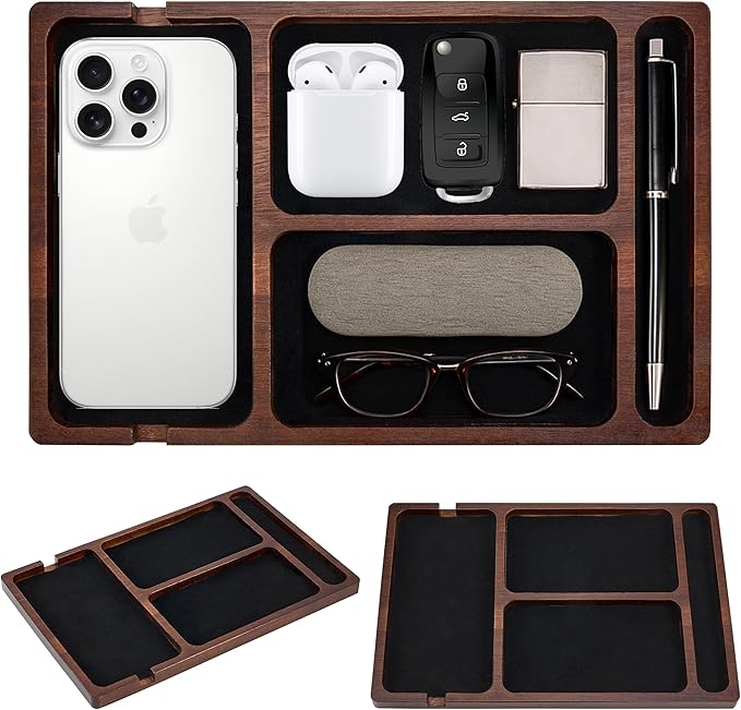 Valet Tray, Multi-Space Acacia Wood Leather Surface Desk Organizer Tray with Charging Assistance Port for Office or Study Room, Nightstand Organizer for EDC, Store Phone, Watch, Wallet, Keys, Jewelry