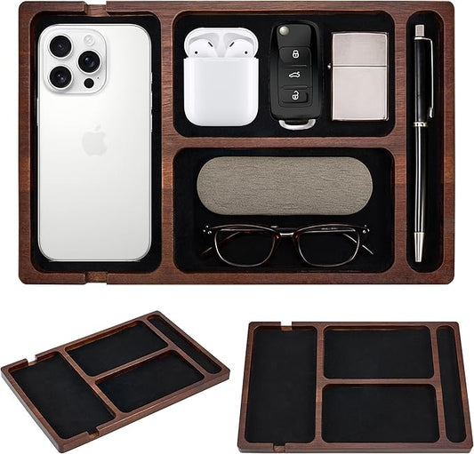 Valet Tray, Multi-Space Acacia Wood Leather Surface Desk Organizer Tray with Charging Assistance Port for Office or Study Room, Nightstand Organizer for EDC, Store Phone, Watch, Wallet, Keys, Jewelry