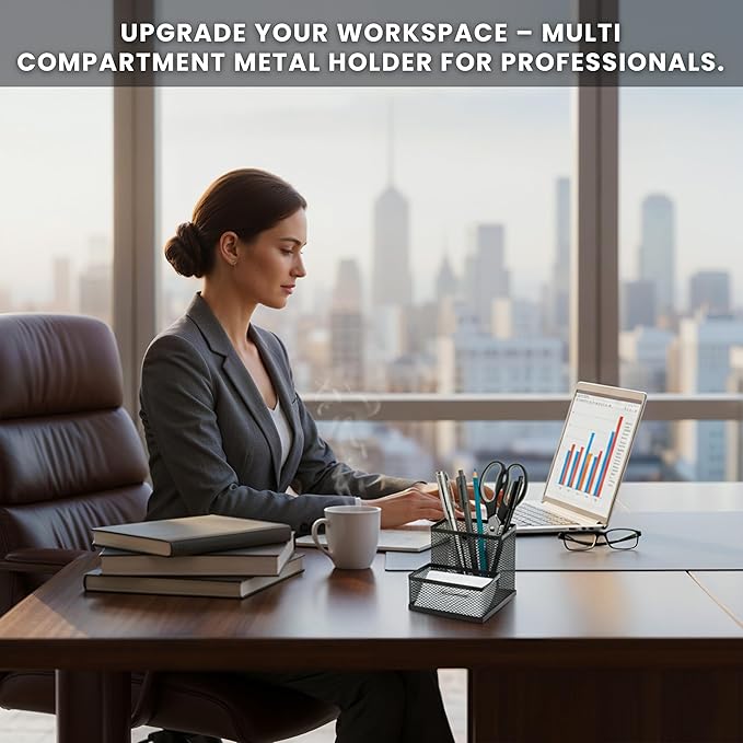 Pen and Business Card Holder for Desk | Black Mesh Desk Organizer Pencil Holder | Minimalist Desk Pencil Holder & Black Wire Desk Organizer for Tabletop | Table Top Stationary Organizer