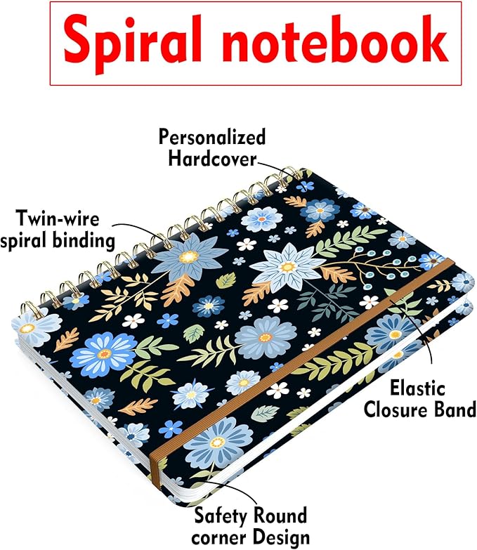 Spiral Journal Notebook for Women, Hardcover A5 College Ruled Notebook, 120 Pages, Thick Paper, Cute Lined Journal for School, Office & Work, 6 x 8.4 in(Blue Garden Flower)