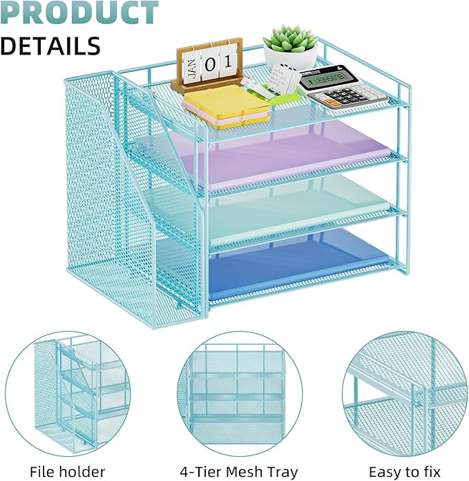 Marbrasse Desk Organizer and Accessories，4-Tier Paper Letter Tray Organizer with File Holder，Desk Accessories & Workspace Desktop Organizers for School Home Office Supplies (Blue)