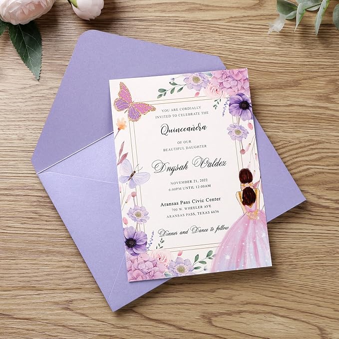 PONATIA 50 PCS/Pack Sparkle Lilac A7 Envelopes, 5.25 x 7.48'' Light Purple 5 x 7 Envelopes Perfect For Wedding Invitations Cards, Christmas Gift Cards, Acrylic Invitations, Photos