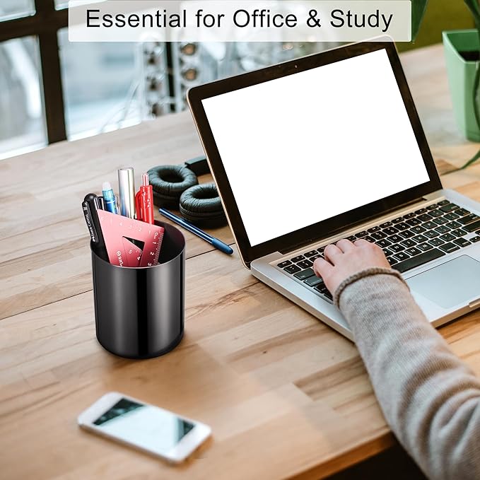 Black Pencil Holder for Desk, Stainless Steel Pencil Cup, Pen Holder Cup, Pen Pot, Vases Flower Pot, Makeup Brush Holder, Desktop Accessory Stationery Organizer