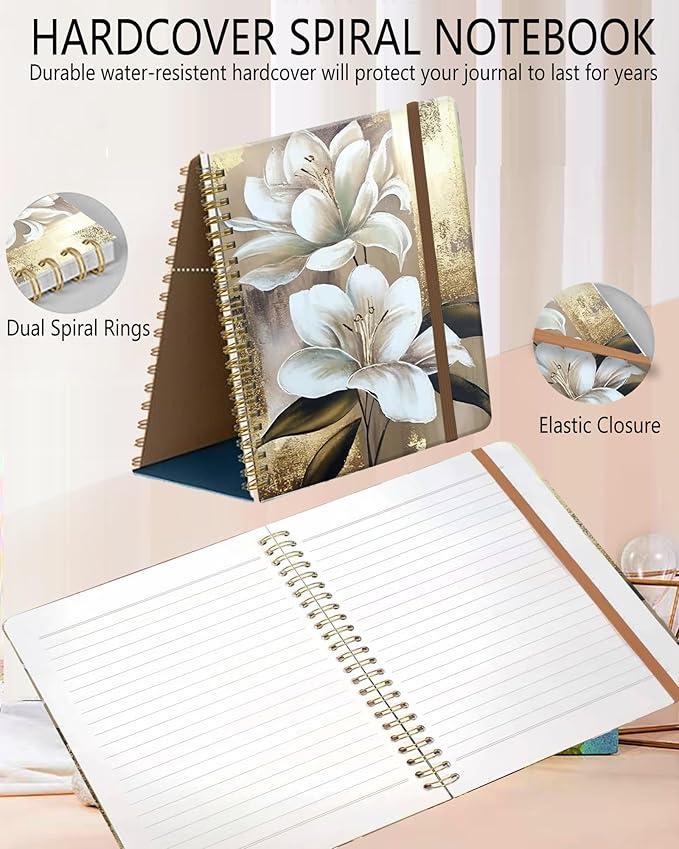 Spiral Journal Notebook, A5 Cute Notebooks for Women Men, College Ruled Hardcover Notebook for Work & Note Taking, 60 Pages Double-Wire Journals for Writing, Cute Glitter Flowers