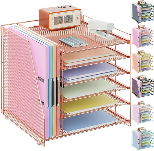 Gianotter Desk Organizer for Women, 6-Tier Paper Organizer with Magazine Rack, Office Desk Decor, Office Supplies (Rose Gold)