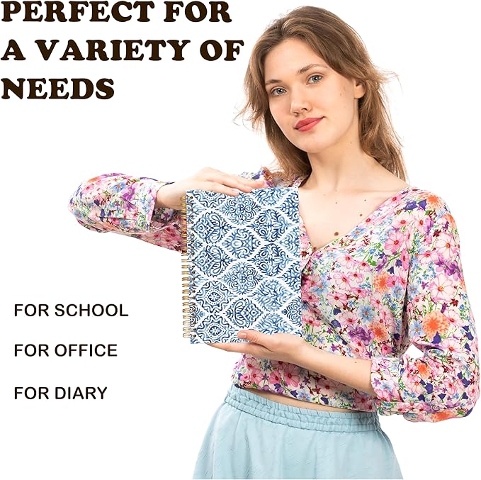 URLLUAE Retro Blue Moroccan Tile Notebook Floral, Vintage Blue and White Floral Spiral Notebook Journals for Work School, Retro Office Supplies Gifts, 5.5x8.3 Inch