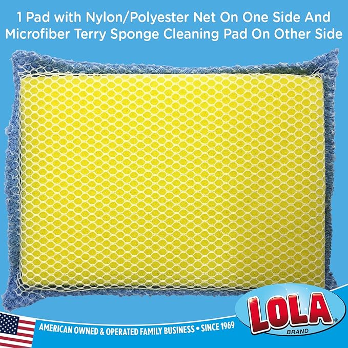 LOLA Microfiber Terry & Nylon Net Sponge Scrubber Pad, 12 Pack, Non Scratch 2-Way Cleaning, Gently Scrubs & Wipes Clean
