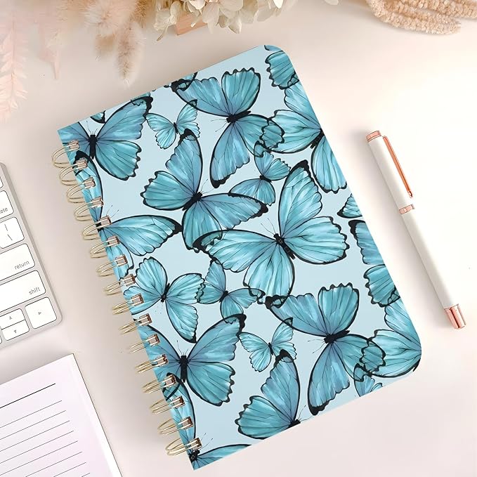 Cute Spiral Notebook journal A5 Aesthetic Pretty Floral Design for Women Girls Kawaii with Pocket, 8.5 x 5.7 inch, Blue Butterfly