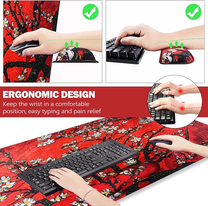 ARTSO Large Gaming Mouse Pad, Keyboard Wrist Rest Pad & Wrist Support Mousepad Set, Stitched Edge, Extended, Non-Slip Base, Memory Foam Desk Mat 4pcs for Office & Home, Red Van Gogh Painting