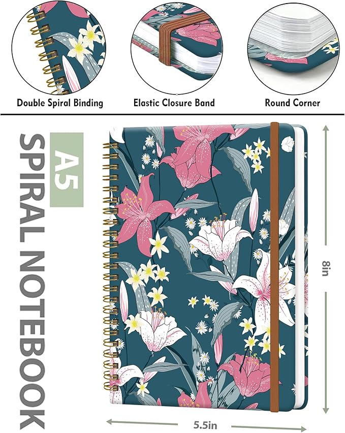 Spiral Journal Notebook for Women, Hardcover A5 College Ruled Notebook, 120 Pages, Thick Paper, Cute Lined Journal for School, Office & Work, 6 x 8.4 in(Cute Flower)