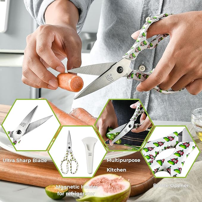 Linoroso Kitchen Scissors Heavy Duty Kitchen Shears with Magnetic Holder Made with Japanese Steel 4034, Multipurpose Ultra Sharp Cooking Scissors for Meat/Vegetables/BBQ/Herbs/Pizza (Graphic,Chili)