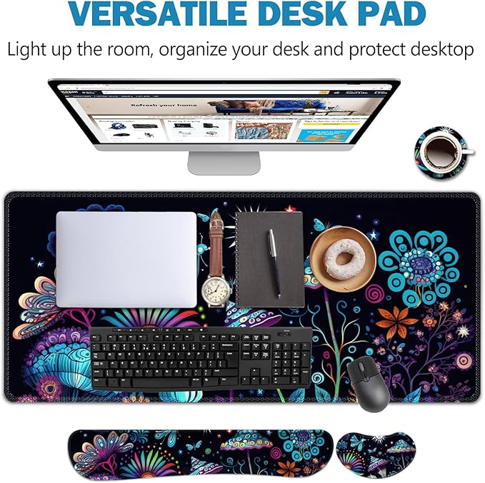AIMSA Large Gaming Mouse Pad Set, Keyboard Wrist Rest Support+ Extended Mousepad+ Mouse Wrist Cushion+Coaster, Ergonomic Multifunctional Desk Mat 35x15.7in, Colorful Abstract Mushrooms